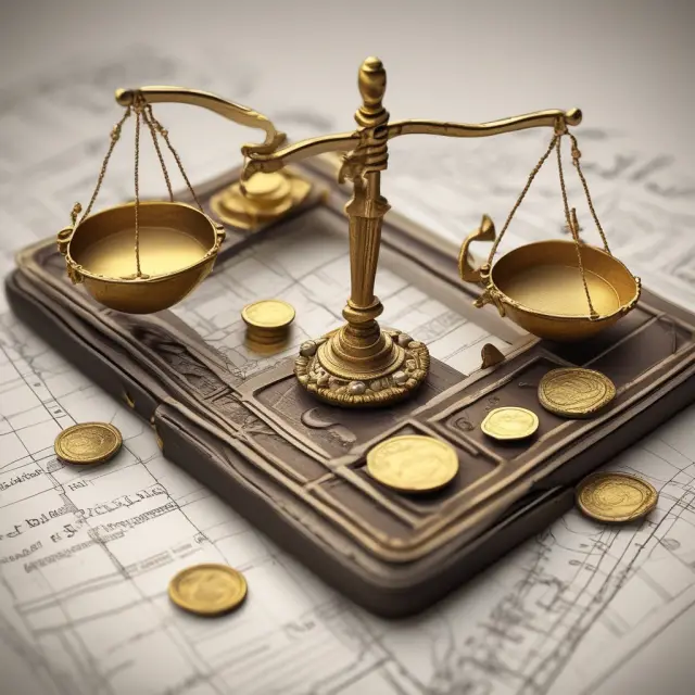 Golden scale balancing coins (Accrued Interest) on an open ledger book, reflecting financial record adjustments