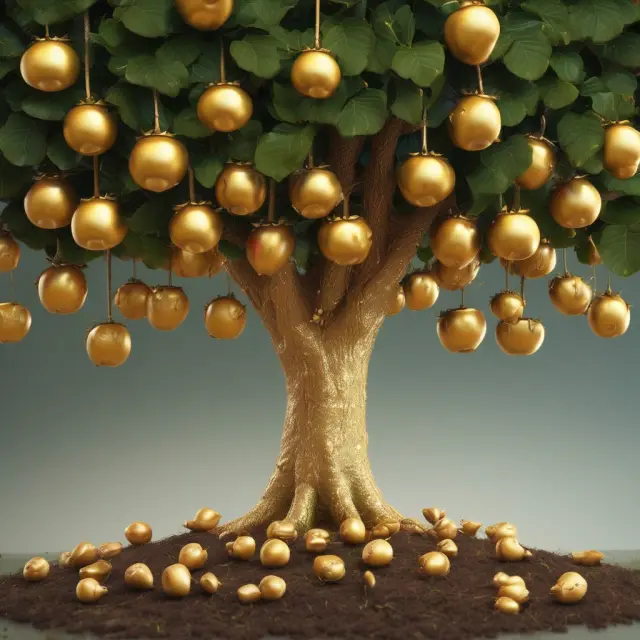 Golden acorns illustrate unrealized gains, ripe apples represent realized gains on an investor