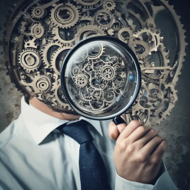 An investor with a magnifying glass examines the intricacies of the Accumulation/Distribution formula, represented by interconnected gears.