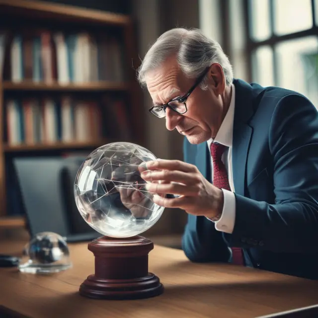 An institutional investor studying an A/D indicator crystal ball, revealing trends in buying and selling pressure