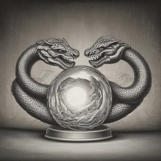 Two serpents (A/D and OBV) analyzing stock price crystal ball for supply-demand insights