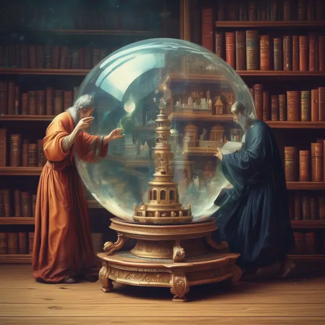 A scholarly figure pours wisdom from books into a crystal ball, as accumulation/distribution indicator rivers flow through the scene.