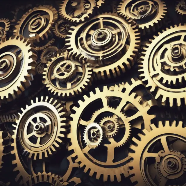 An intricate mechanical scene of gears turning and interconnecting, symbolizing the Automated Clearing House Network streamlining financial transactions.