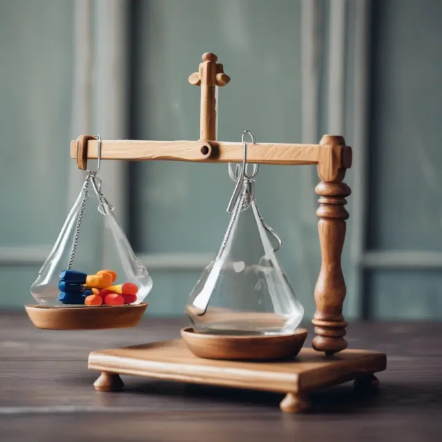 An image of a balance scale with an acid test beaker teetering between piles of inventory and accounts payable, representing the importance of context in evaluating the acid-test ratio.