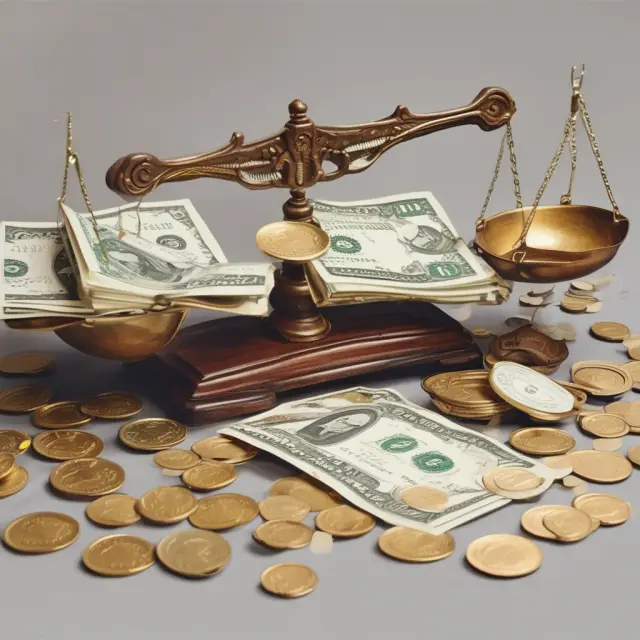 A balance scale holds gold coins, cash bills, and stock certificates symbolizing various methods (cash, stock, contingent earnouts) of calculating consideration paid to the seller in M&A transactions.