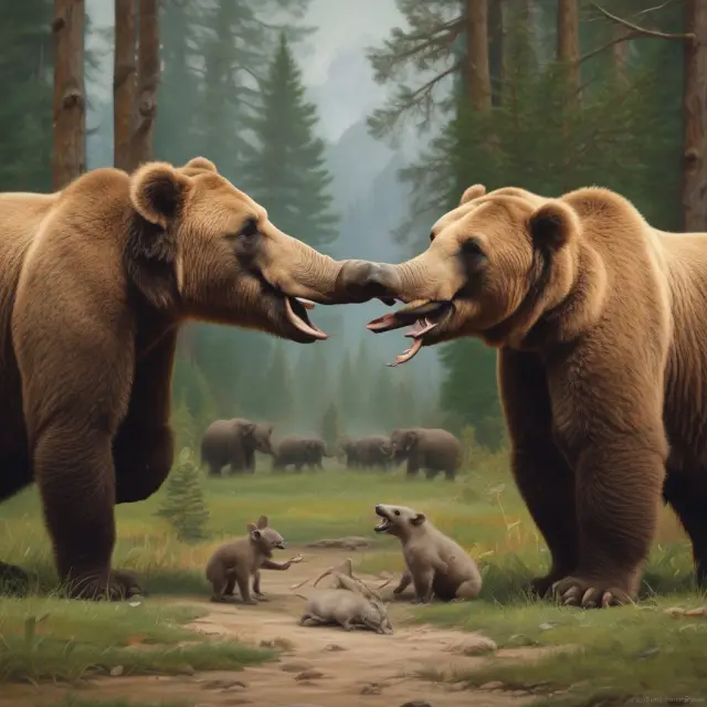 Elephants signifying friendly acquisitions peacefully merging, while grizzly bears represent hostile takeovers clashing
