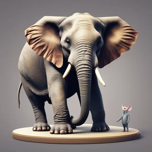 Two interconnected elephants symbolizing mergers and acquisitions; one merging to create a larger entity, while the other is being absorbed in an acquisition