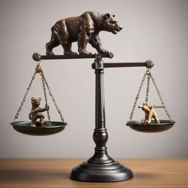 Bull and bear figurines on a balanced scale represent acquisition premiums and discounts, signifying the decision-making process in mergers and acquisitions.