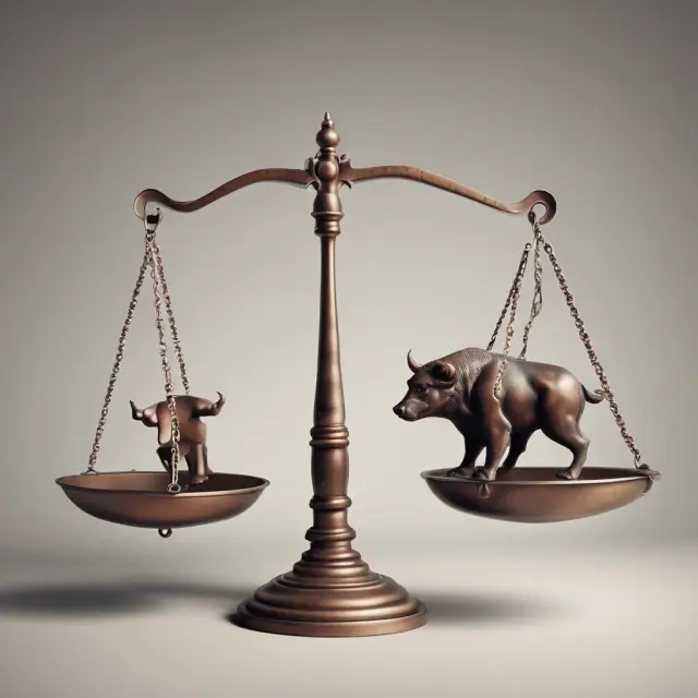 Two mythical creatures, a bull representing positive goodwill and a bear negative goodwill, balancing on a scale to illustrate the concept of acquisition premiums