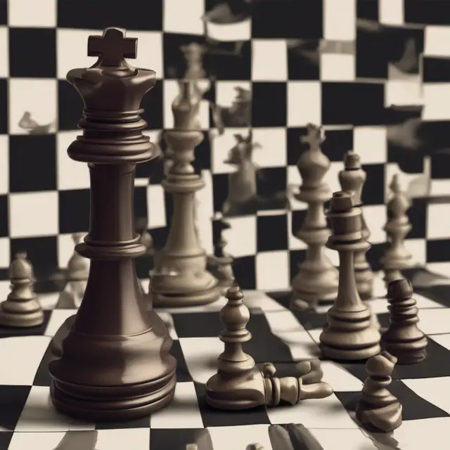 A chessboard with premium, king-sized pieces representing acquisition premiums, and standard-sized pawns symbolizing real values