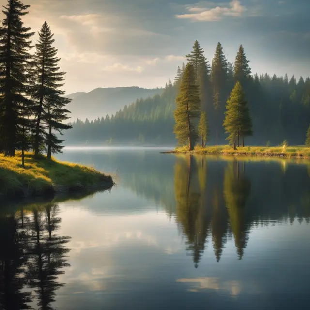A person deeply thinking by a tranquil lake, ideas reflected on its surface