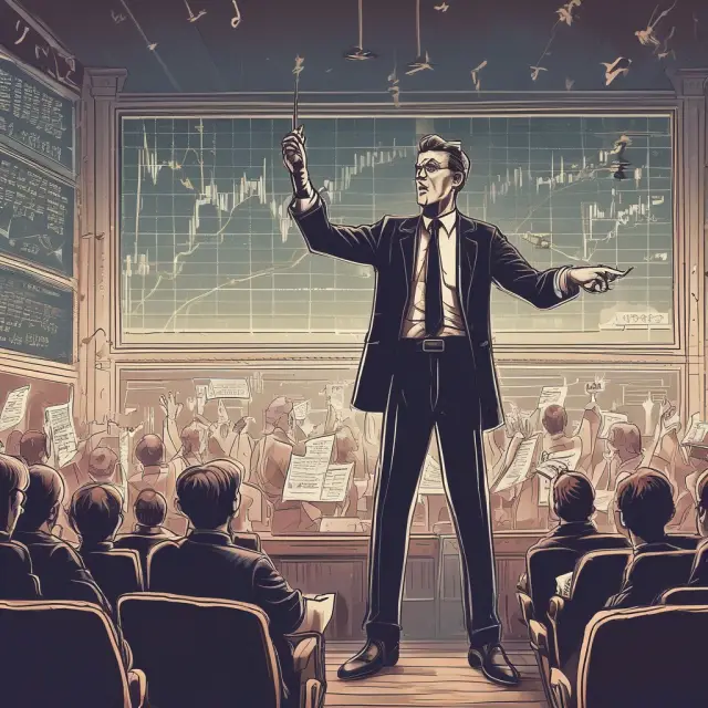 An active manager conducting various stocks on a stage, symbolizing their role in managing and orchestrating investments