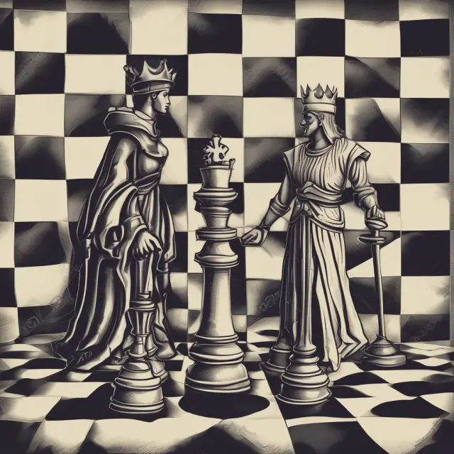 Passive (queen) and Active (knight) management debating their roles on a chessboard, representing the efficient market hypothesis discussion