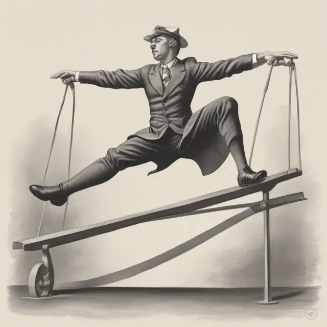 A person skillfully dancing on a see-saw represents the delicate balance between different asset classes in active investment strategies