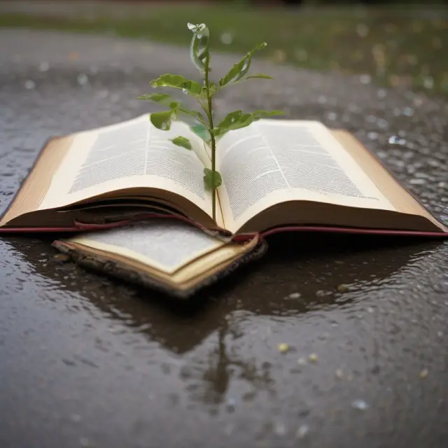 Raindrops watering an open book, symbolizing learning and growth