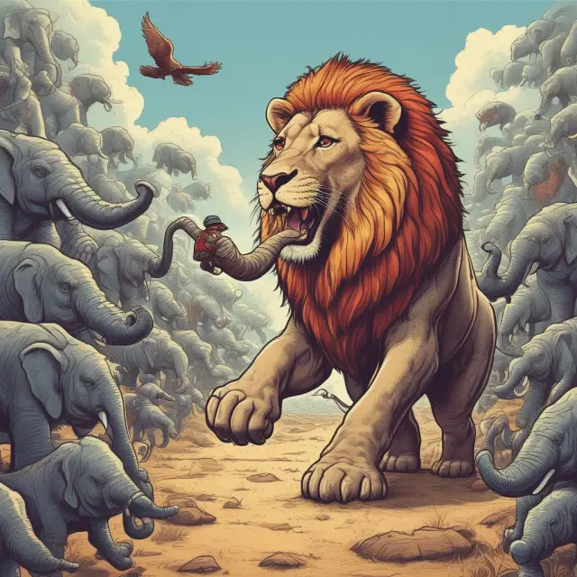 An activist investor, symbolized by a lion tamer, exerts influence over corporate giants (elephants), driving growth and change.