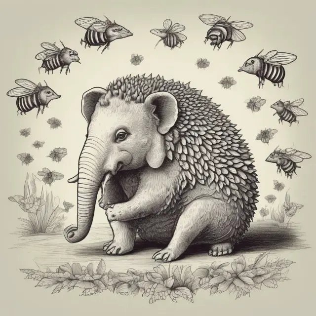 A hedgehog, symbolizing hedge funds, in a forest collaborating with an elephant representing pension funds and a bee for mutual funds to persuade a beehive (SEC) to bring about change
