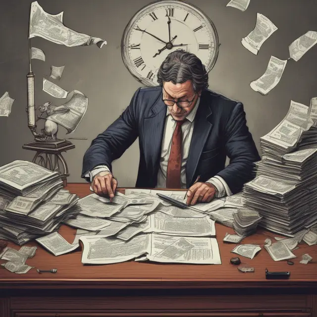 An activist investor in a suit and tie, intensely studying financial data atop a large table, surrounded by papers and graphs, illustrating the intricacies of a proxy contest.