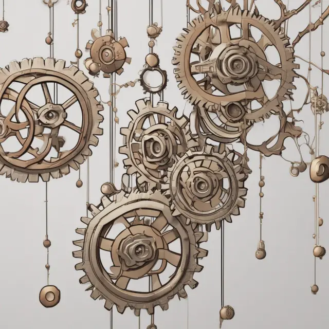 An intricate gear system with gears connected by strings symbolizing the impact of activity cost drivers on Activity-Based Costing.