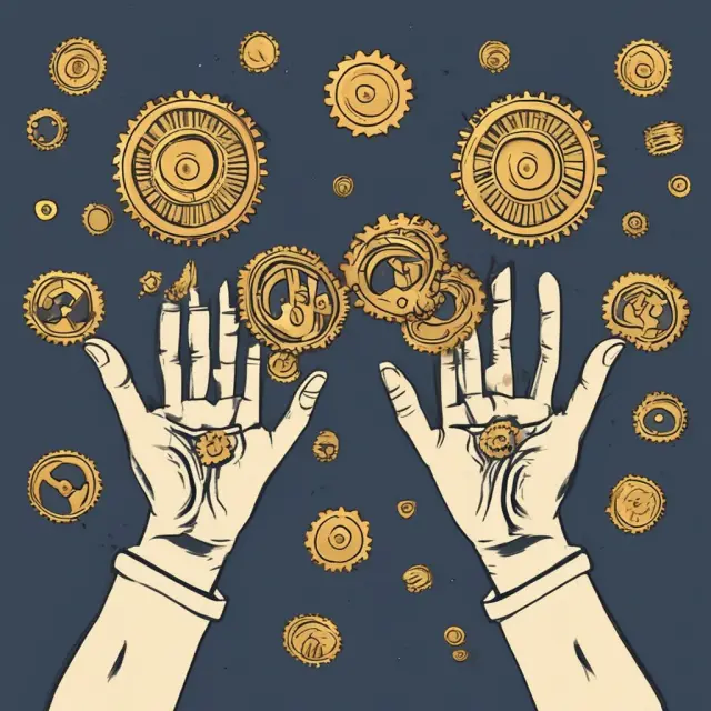 Two hands, one holding profitability ratios, represented by gold coins, and the other turning gears symbolizing activity ratios.