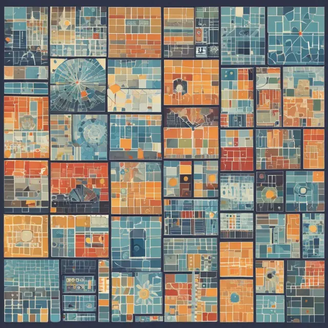 An intricate mosaic of activity ratio tiles representing various industries, with averages revealed through color intensity