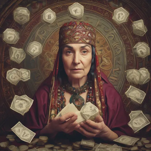 An actuarial fortune teller revealing gains and losses through crystal ball depicting a chart of pension plan fluctuations