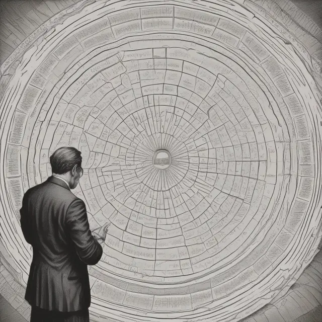 An actuary analyzing risks using an intricately designed mortality wheel, creating accurate insurance pricing structures.