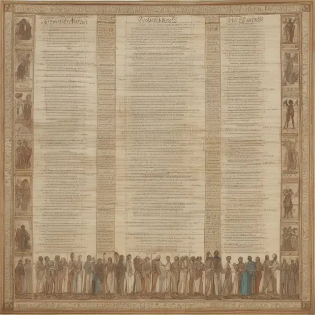 A parchment scroll depicting life tables for men and women morphing into a single river, illustrating actuarial mortality analysis.