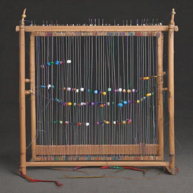 An actuary working at a loom, weaving threads representing mortality rates, compound interest, and life table data.