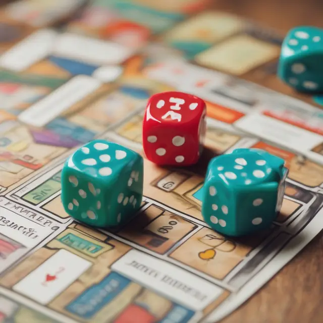 An intricate gameboard illustrates actuarial science in insurance through dice, property cards, and liability tokens symbolizing risks in property, casualty, and general insurance sectors.