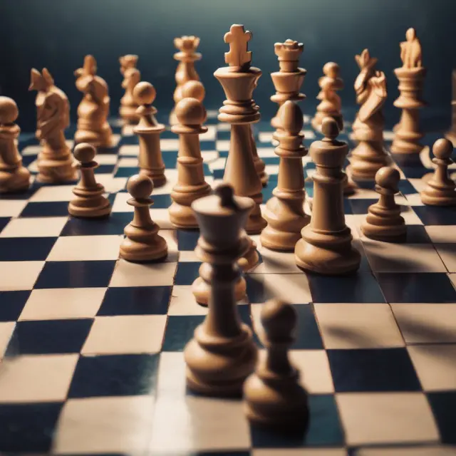 Actuary in front of a chessboard, strategically placing pieces representing risk assessment, probability theory, and financial forecasts