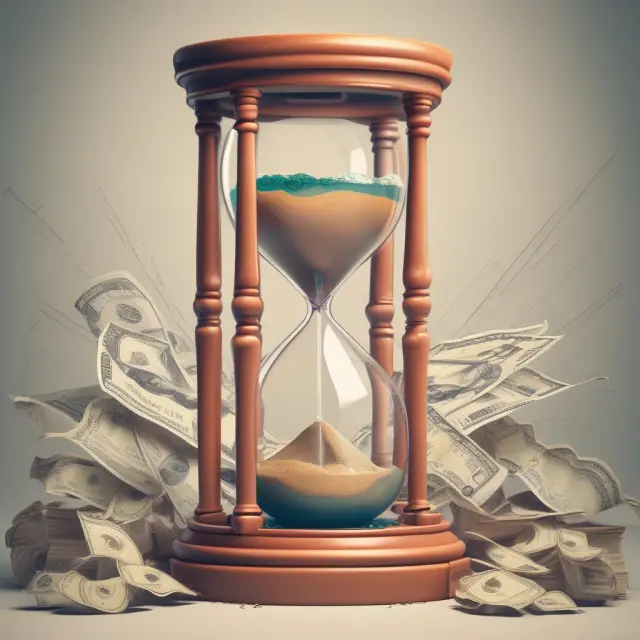 Giant hourglass filled with gold coins, bonds, and stocks symbolizing add-on interest calculations.