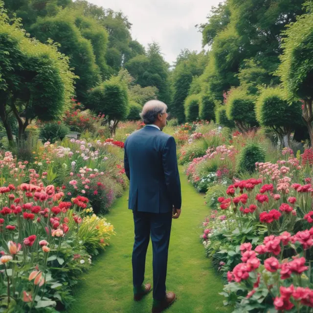Institutional investor examining various alternatives in a flourishing garden, including bonds, stocks, and ESG investments