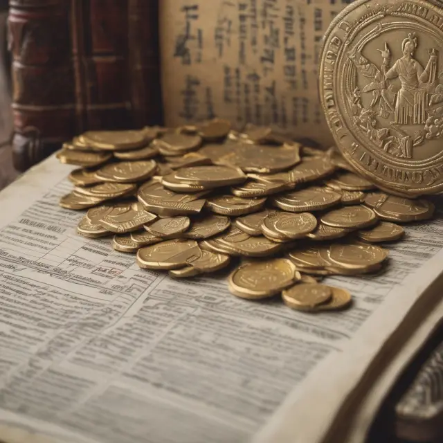 An ancient tax ledger with gold coins flowing towards families as they meet eligibility requirements based on earned income and number of children