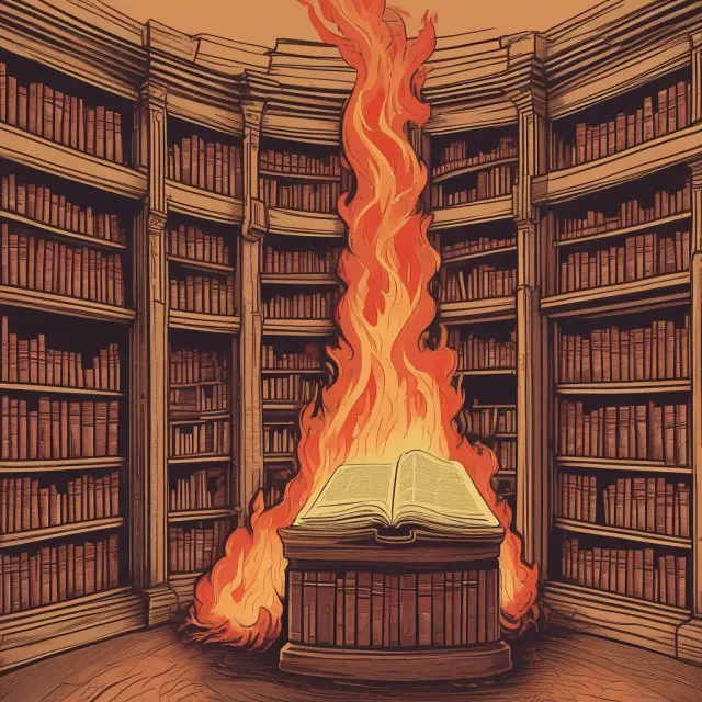 A scene of libraries in flames, as books, websites, and organization logos rise from the ashes, symbolizing knowledge and understanding of Additional Paid-in Capital