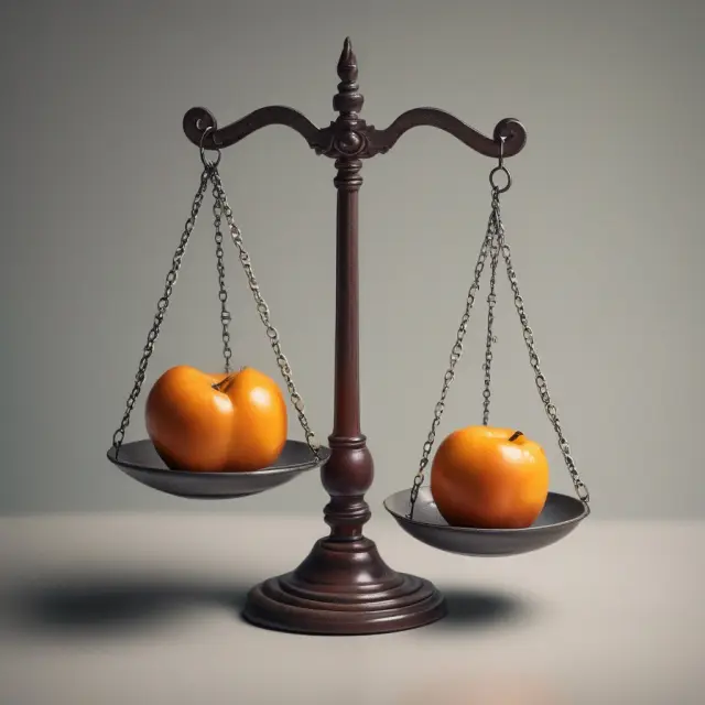 Two balanced scales with apples and oranges. Apples signify mutually exclusive events, while oranges represent non-mutually exclusive events in the context of probability calculations.
