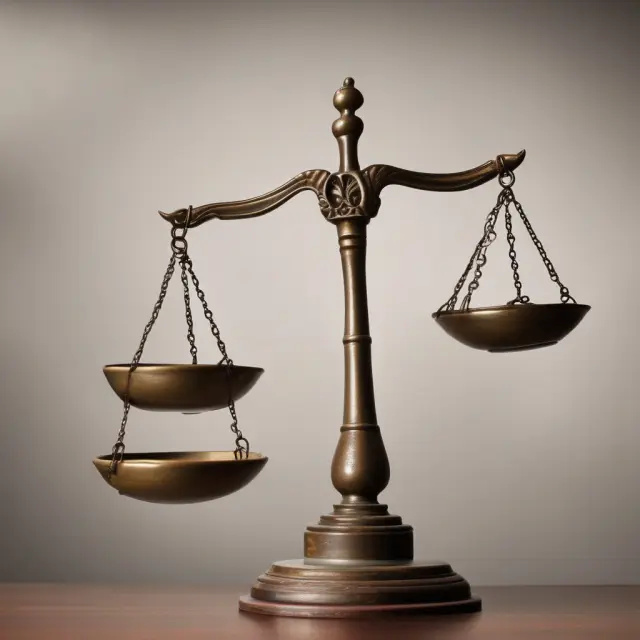 A balance with a golden scale holding two pans representing the parties, as a judge pours laws into the pan of justice