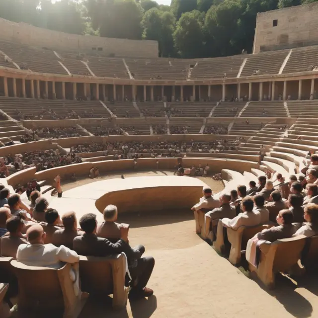 A gathering of wise jurists contemplating the historical development of adjudication in an ancient amphitheater.