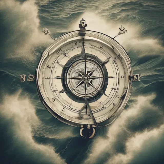 A compass navigating through turbulent waters toward a calm, stable harbor, symbolizing the process of selecting an adjustable life insurance policy that adapts to your changing needs
