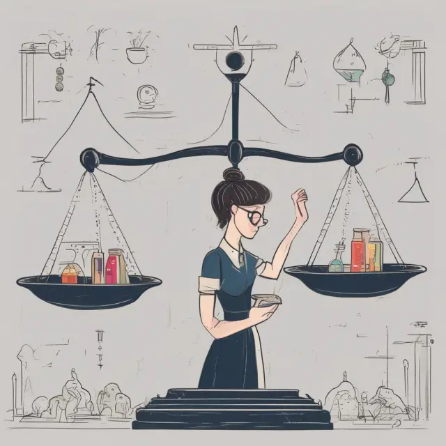 A finance expert carefully adjusting the balance scale with figures for net income, interest, taxes, depreciation, amortization, and one-time items to calculate Adjusted EBITDA.