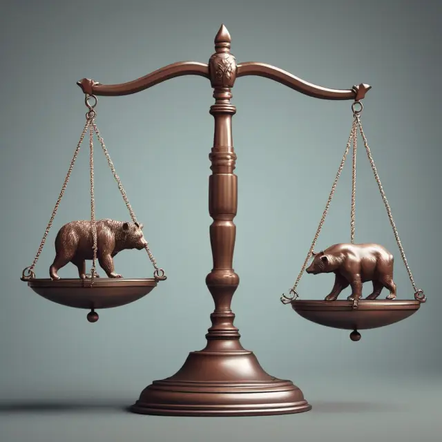 An image of a balance scale with one side featuring an EBITDA bull, and the other, a weight labeled 