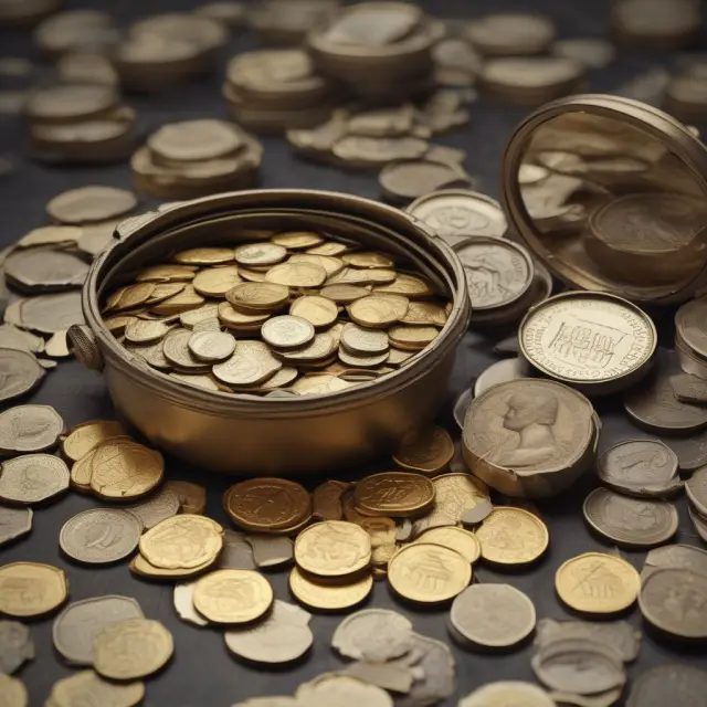 Golden coins representing dividends, encapsulated in a time capsule, revealing historical stock price adjustments