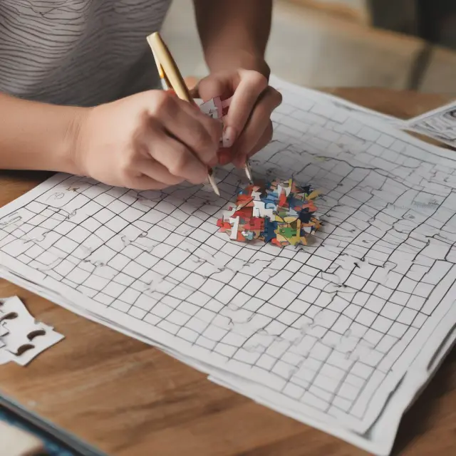 Puzzle pieces symbolizing adjusting journal entries being placed onto their appropriate account sections on a balance board, emphasizing accuracy and alignment with the financial statements.