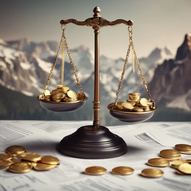 Golden scales balanced with gold coins and paperwork mountains, representing efficient allocation of administrative expenses
