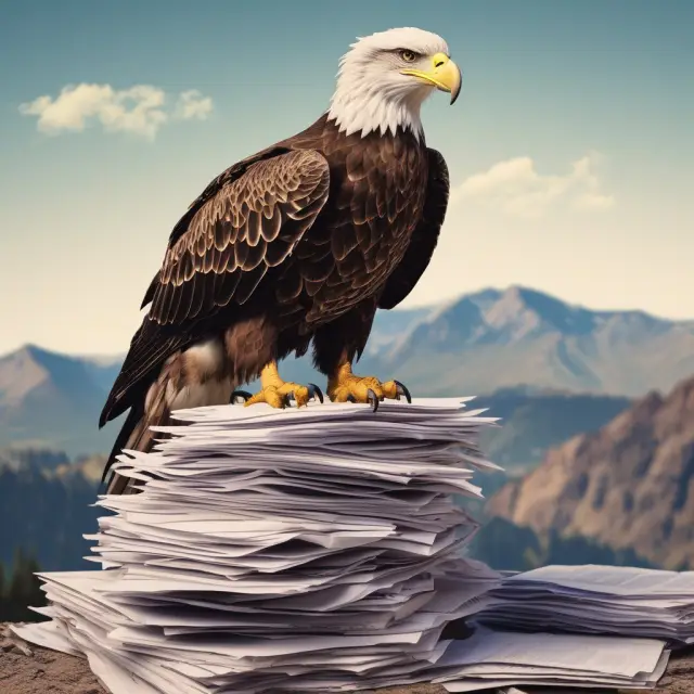 An eagle symbolizing administrative control sits on a stack of paperwork, overseeing salaries, rent, utilities, and insurance expenses