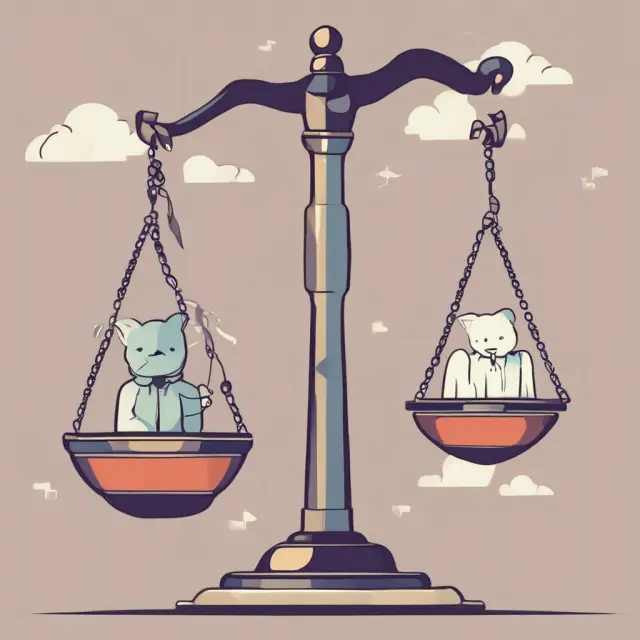 An employer holding a set of balancing scales, with cost savings on one side and employee benefits represented by coins on the other.
