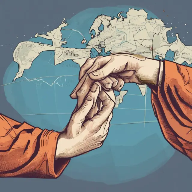 A hand symbolizing sponsored ADRs holds a bridge connecting to a hand representing unsponsored ADRs, emphasizing investment choices between regulated and unregulated foreign stocks