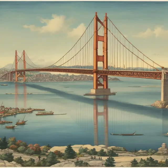 A golden bridge symbolizing the connection between South Korean and U.S. financial markets, supported by Woori Bank