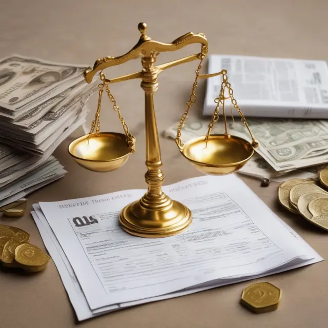 Golden scales representatively balanced with property deeds and valuable items; illustrating ad valorem taxes determined by assessed values