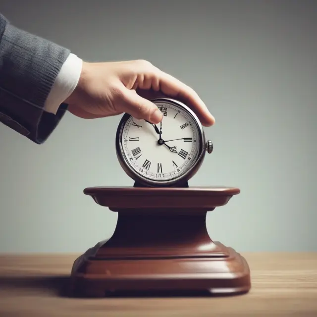 A scale balances an image of a hand extending (advance payment) with a clock unwinding backwards (deferred payment), representing the timing differences.